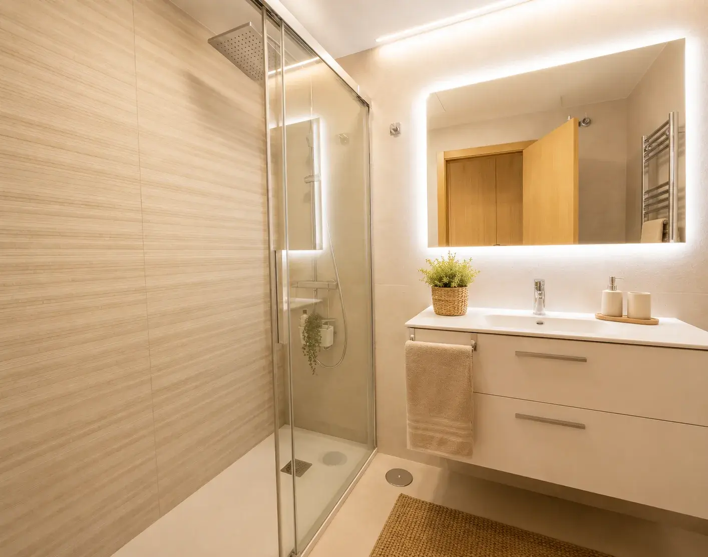 Modern bathroom with walk-in rain shower and backlit mirror