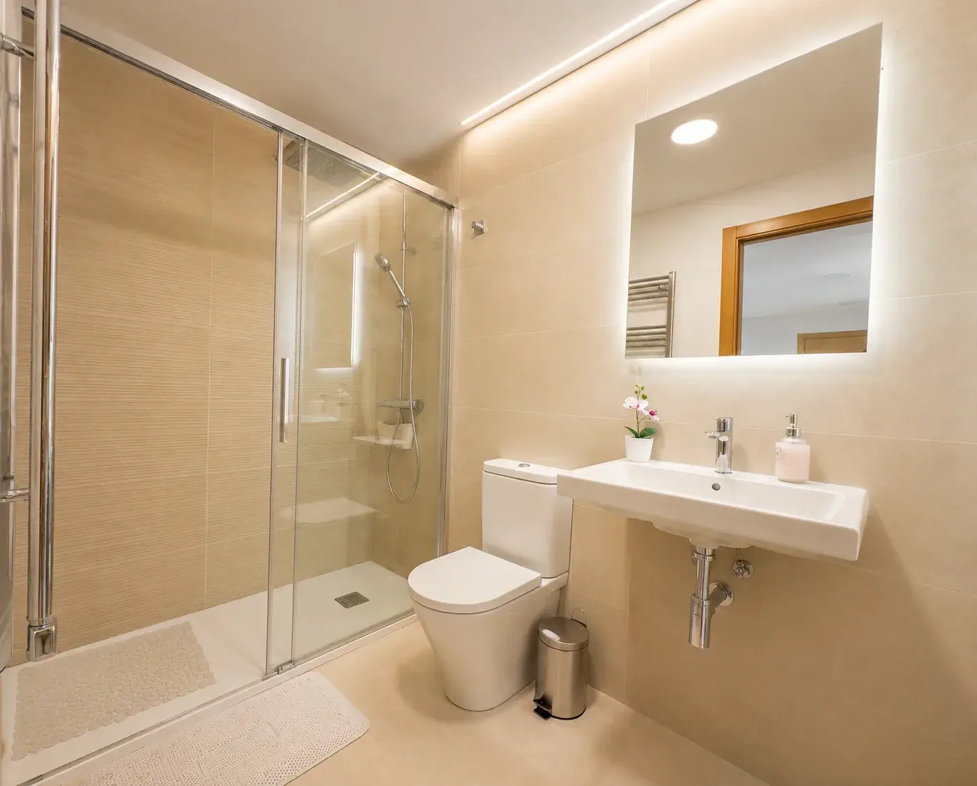 Full bathroom with walk-in shower, WC and washbasin