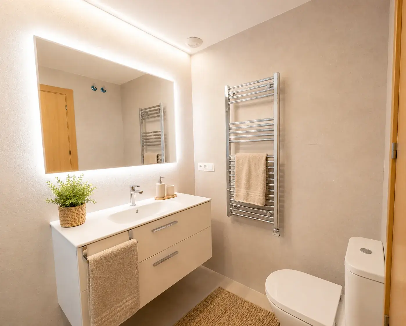 Bathroom vanity with heated towel rail