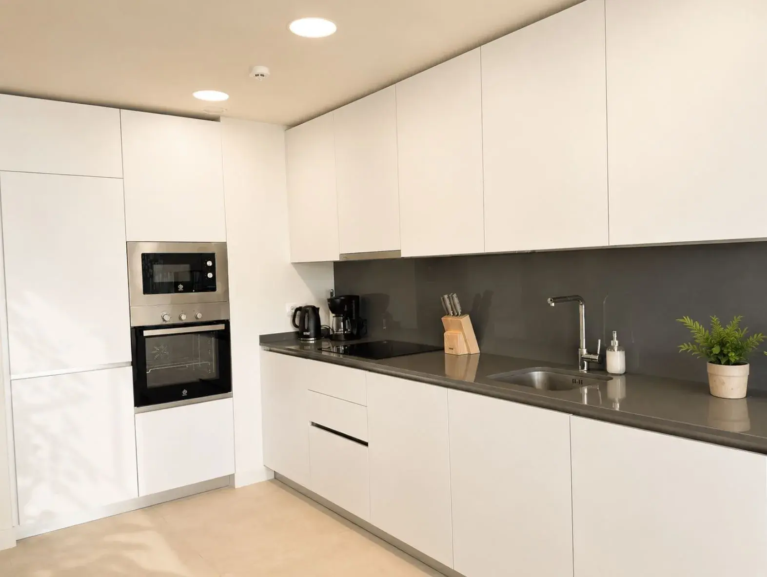 Fully equipped modern kitchen with oven, induction hob and coffee maker