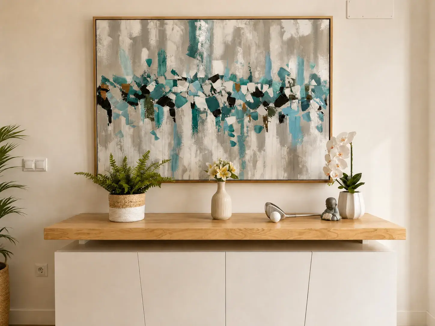 Interior styling detail — artwork and console table in the living area