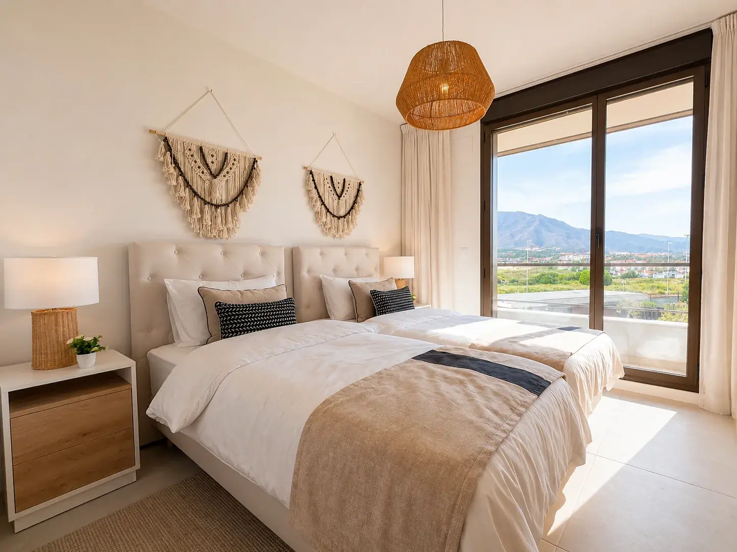 Second bedroom with two single beds and mountain views