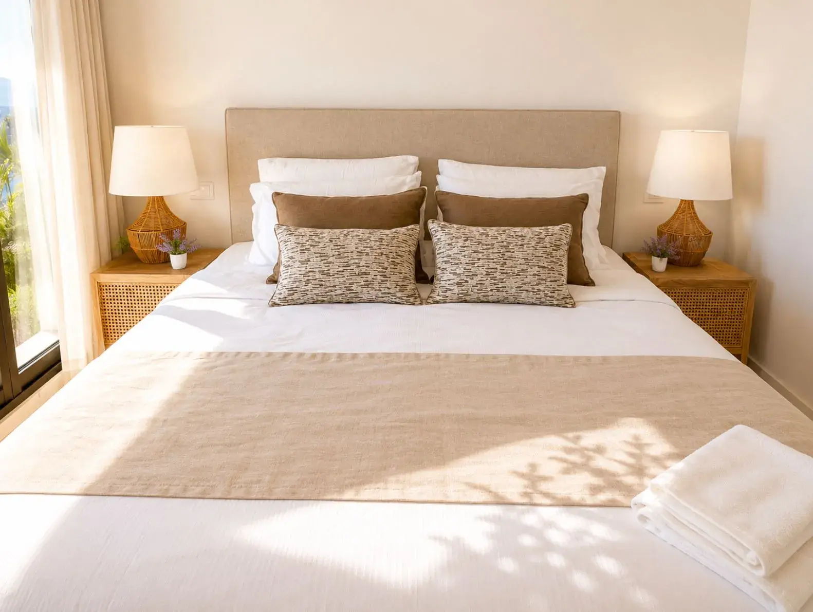 Master bedroom with twin bedside lamps and fresh linen