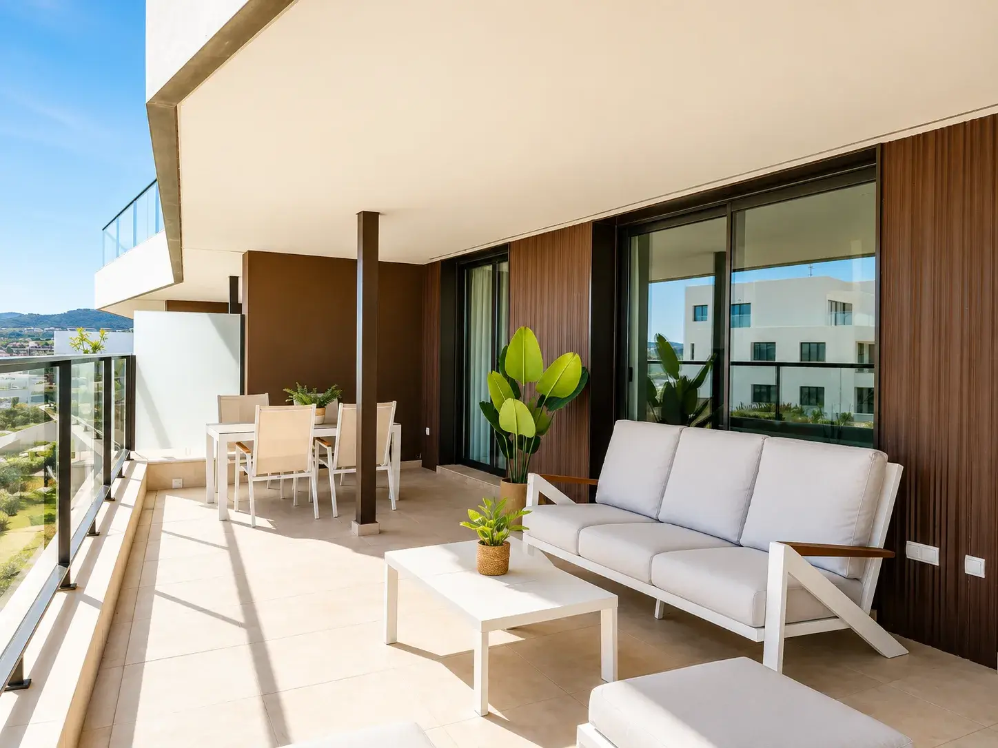 Spacious furnished terrace with lounge and outdoor dining areas